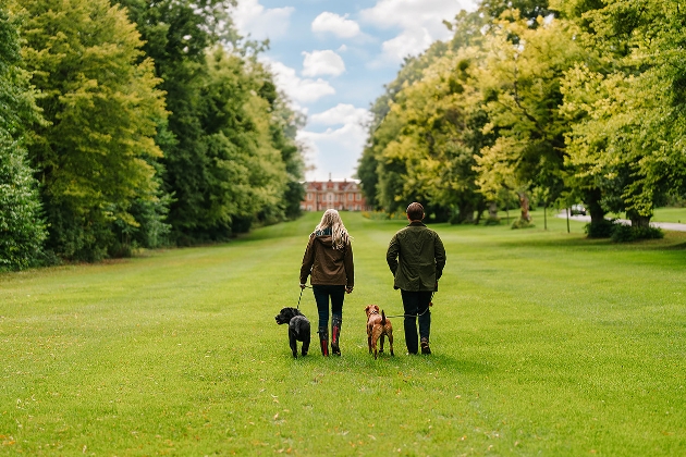 two people walking dogs in outside grounds